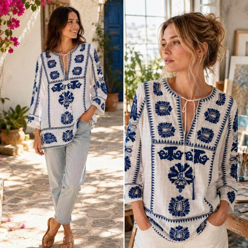 Zara Women's Top M White Blue Embroidered Cotton Tie Neck Boho Tunic Coastal *